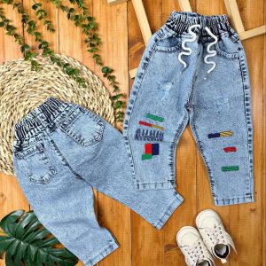 شلوار جین آستر دار گلدوزی زیگزاگی