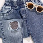 شلوار جین سر زانو گلدوزی تدی