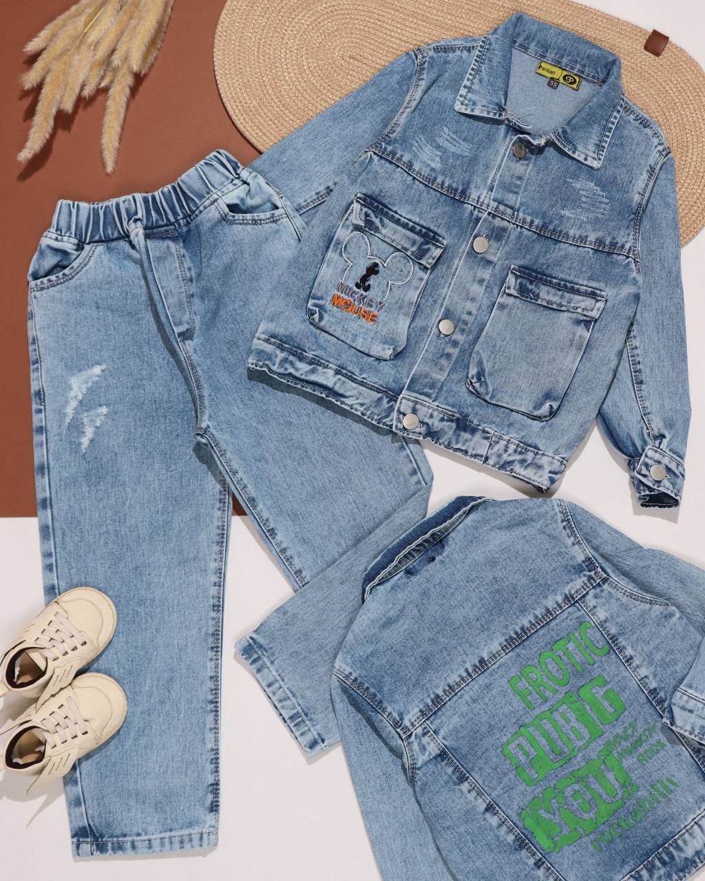 کت شلوار جین اسپرت گلدوزی میکی