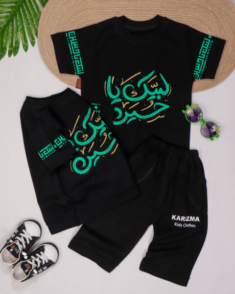 تیشرت شلوارک مشکی پنبه یا حسین سبز